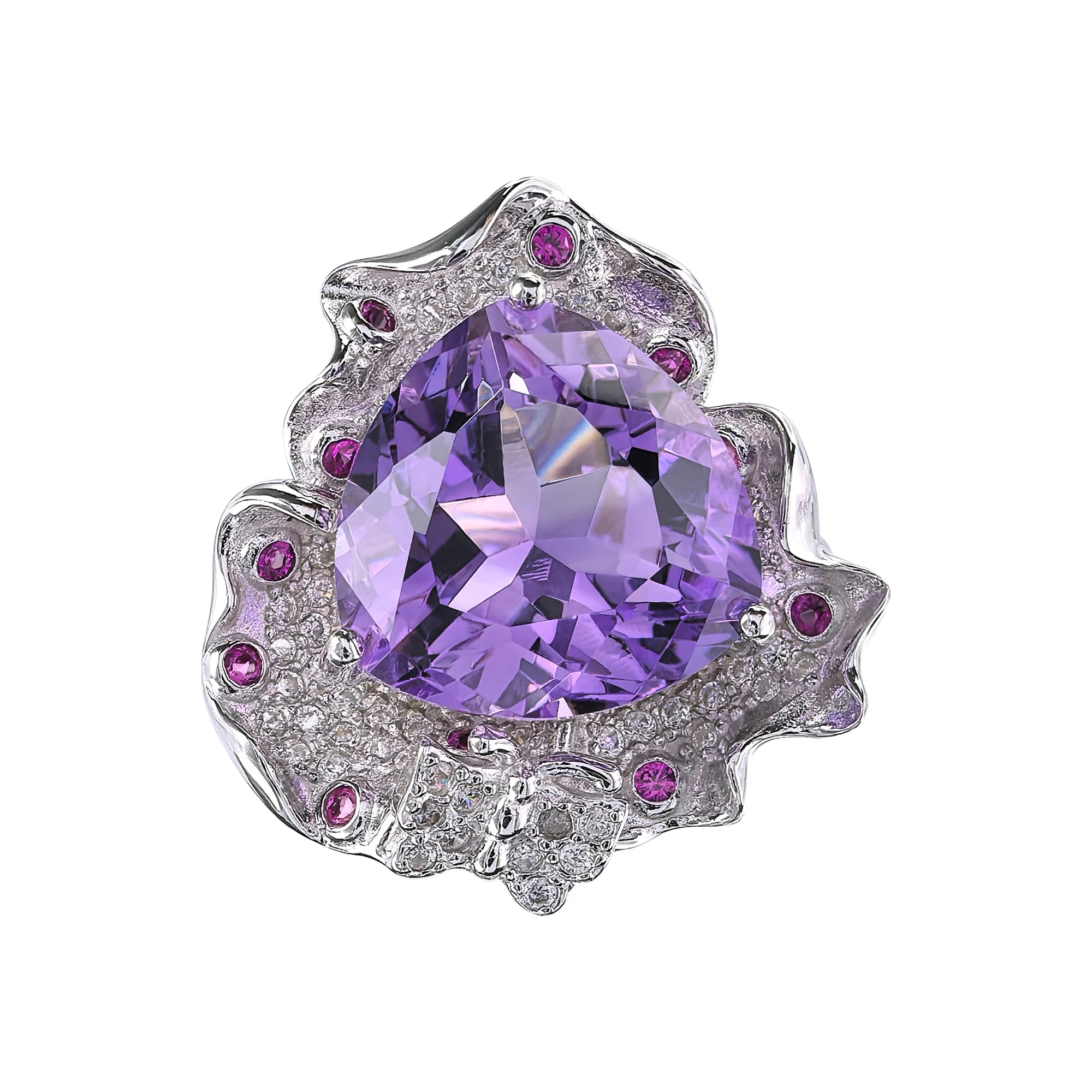925 Silver Natural Amethyst Flower Ring Exquisite Rhodium-Plated Trendy Gemstone Ring for Women's Daily Wear and Wedding