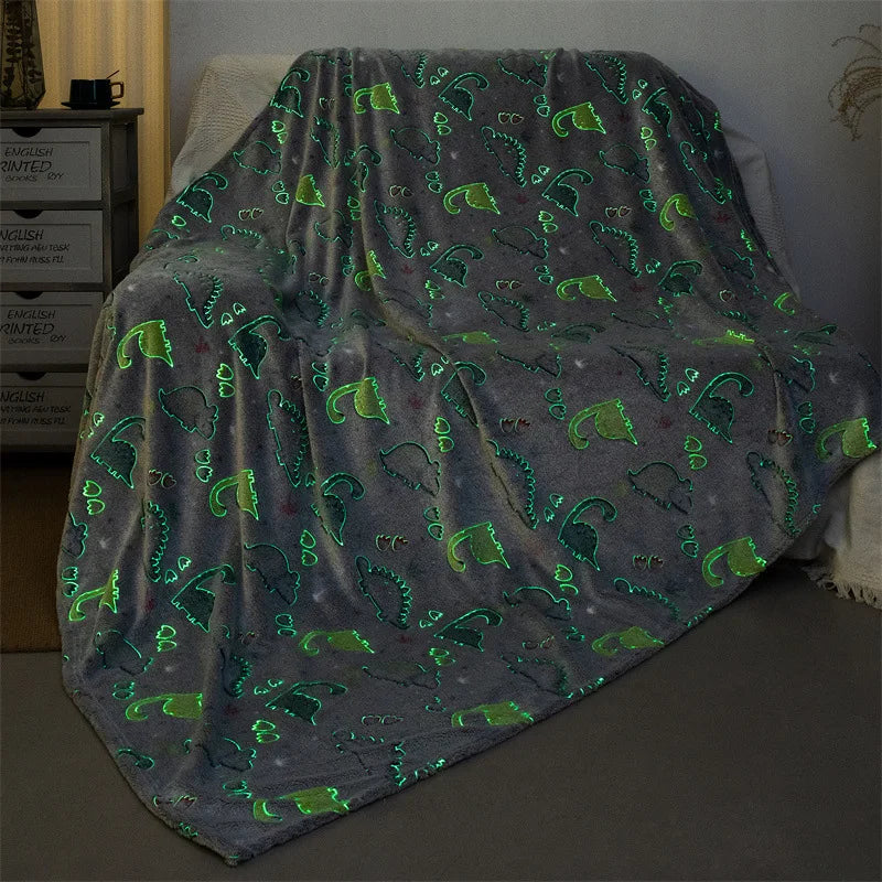 Dinosaur Throw Blanket Glow in the Dark Blanket for Couch Bed Decor Polyester Flannel Blankets Gifts for Kids Boys