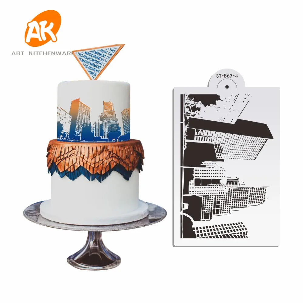 AK Building Design Fondant Cake Stencils Royal Icing Airbrush Stencils Pastry Baking Tools Plastic Drawing Template ST-867