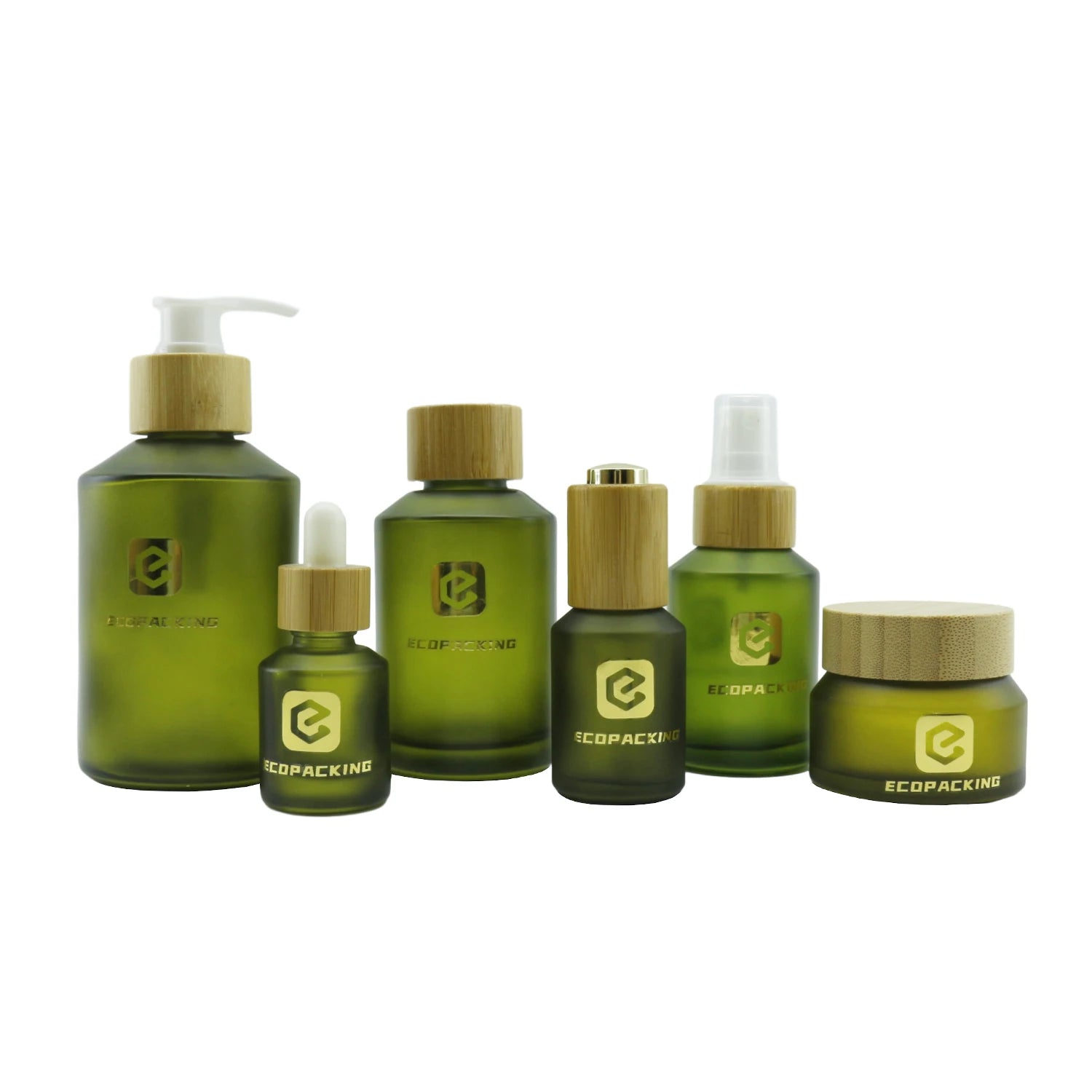 Frosted Olive Green Slant Shoulder Glass Essential Oil Bottle Facial Cream Jar Packaging with Bamboo Lid