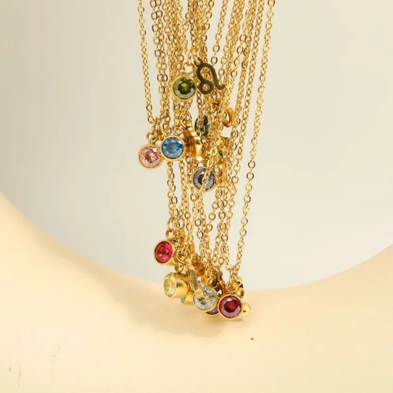 Non Tarnish 18K Gold PVD Rainbow 12 Birthstone Stainless Steel Zodiac Sign Necklace Wholesale
