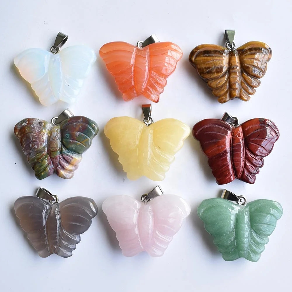 Healing Crystal Rose Quartz Stone Blue Spot Jasper Butterfly Charm Pendant Green Jade Butterfly Necklace Women Jewelry