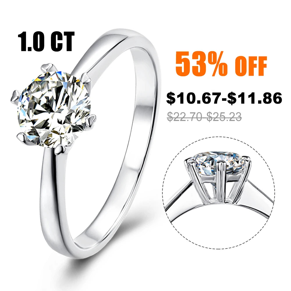 Abiding Jewelry Factory 925 Sterling Silver Women 6 Heart Claw Setting Solitaire 1ct Round Moissanite Engagement Diamond Rings
