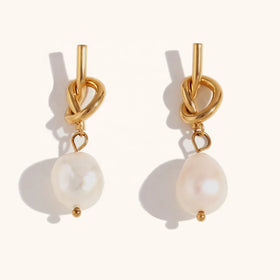 Dingran Bridal Jewelry Fresh Water Pearl Knot Stud Earrings Gold Plated Stainless Steel Drop Earrings