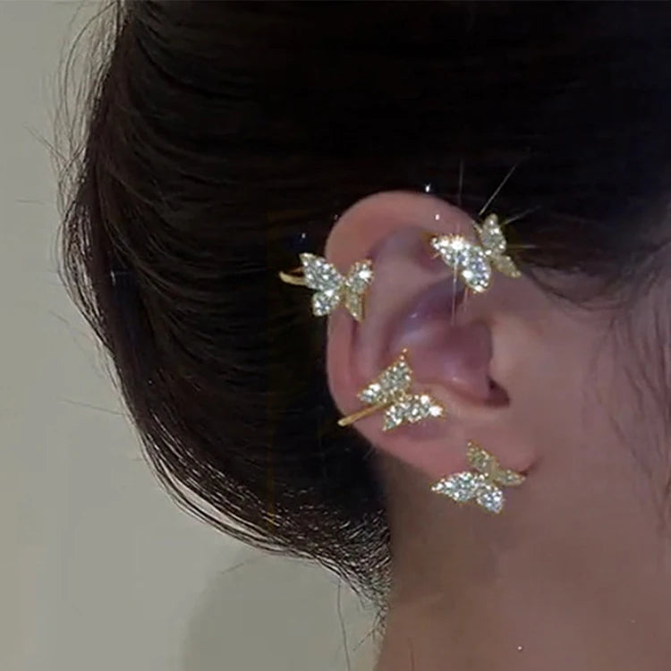 Tiktok Party Shiny Fairy Butterfly Clip on Earrings Full Diamond Butterfly Ear Cuff Earrings for Women Girls