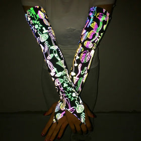 Women Iridescent Reflective Printed Nylon Spandex Elastic Decorative Sunscreen Sun Protective Oversleeve Sleevelet Arm Sleeves
