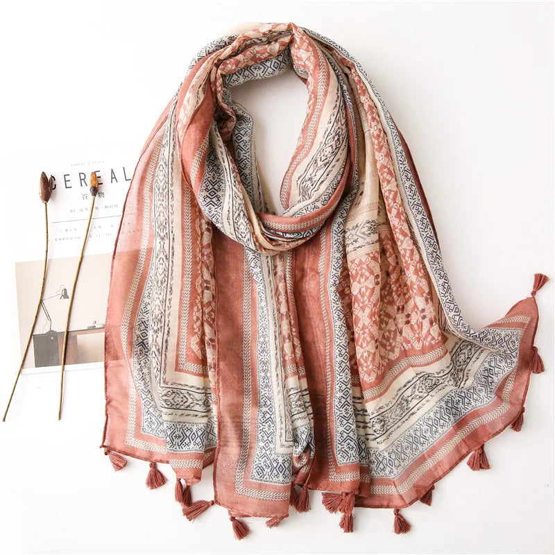 Fashion Boho Style Summer Lightweight Viscose Cotton Scarf Shawls Women Geometric Printed Soft Large Tassels Scarf Muslim Hijabs