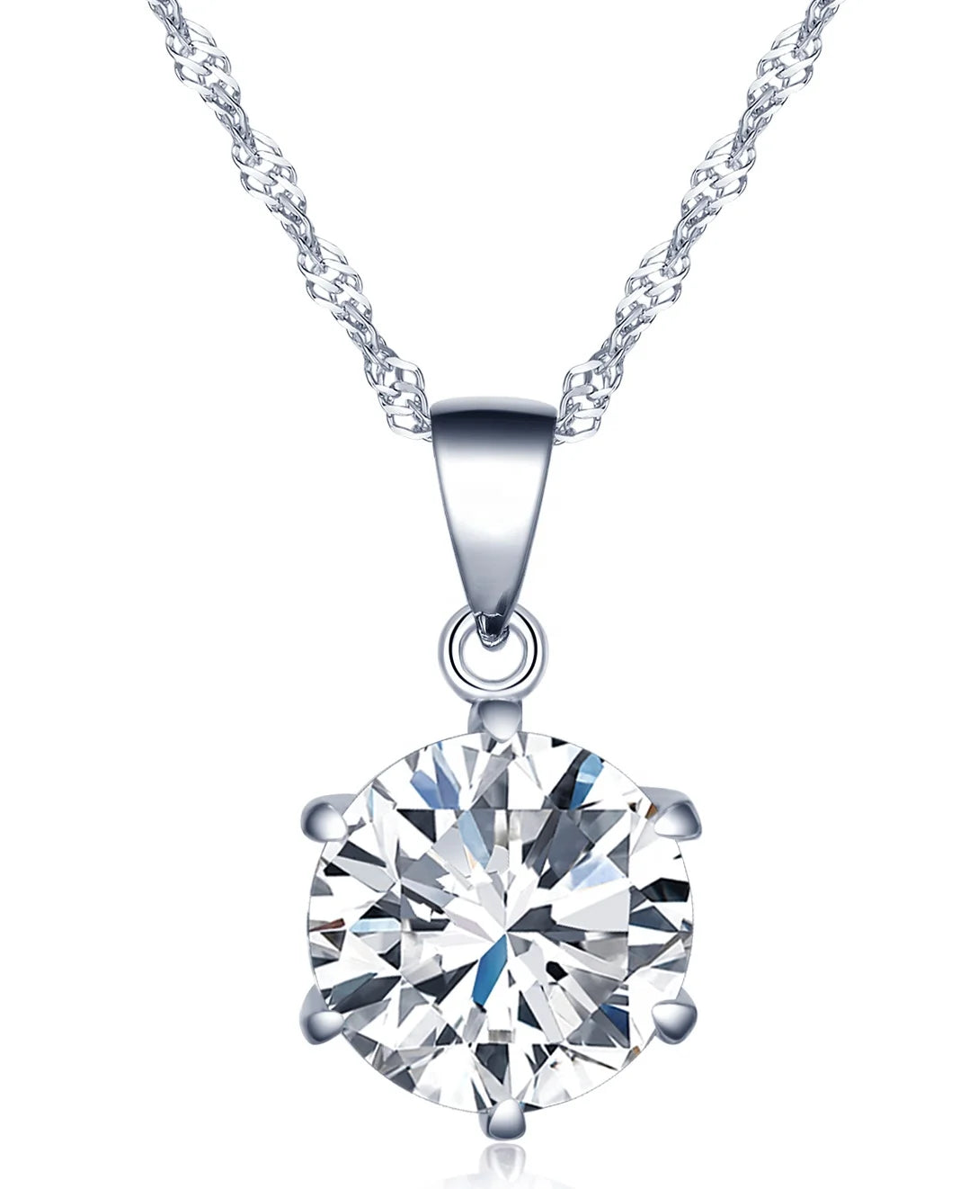 Simple Six-prong Stone studded S925 Sterling Silver Pendant for Women With 45 cm Water-wave Chain