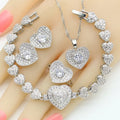 Women's Silver Color Wedding Sets White Zirconia Heart-Shape Pendant Necklace Stud Earrings Rings for Parties Engagements