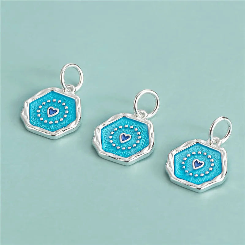 Wholesale 925 Sterling Sliver Geometric Enamel Blue Love Heart Charm for Bracelet Necklace Pendant Accessory