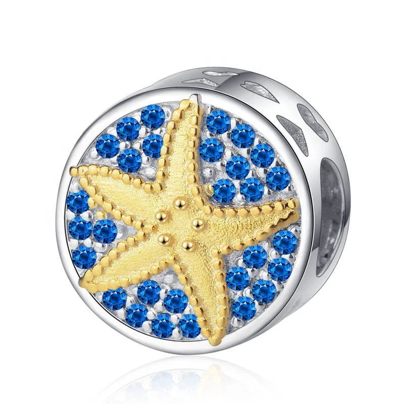 Factory Wholesale Rhodium Plated 925 Sterling Silver Zircon Starfish Charm Beads for European Bracelet Making-Gift