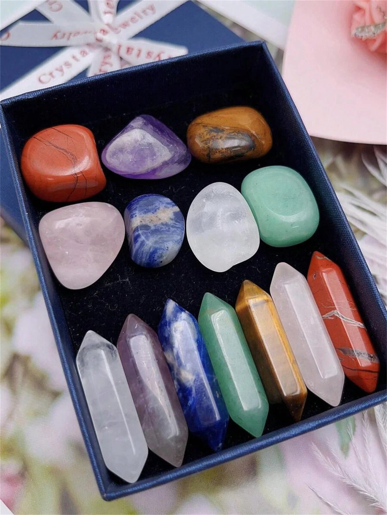 JD Wholesale 7 Chakra Crystal Feng Shui Carved Rolling Double Point Healing Energy Yoga Natural Stone Set Birthday Party