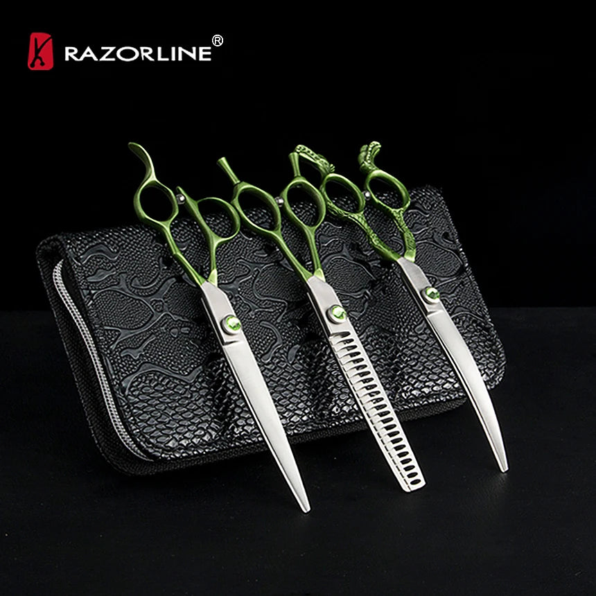 Pet Grooming Scissors Set Leather Case Silver Green Eco-Friendly Stainless Steel Scissors Offset Handle for Dog Hair Cleaning