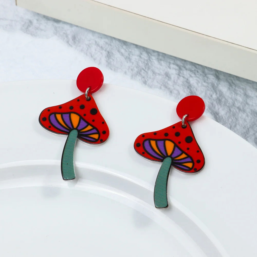 Wholesale Personality Cute Casual Student Jewelry Resin Print Spotted Red Mushroom Umbrella Pendant Acrylic Earrings for Women