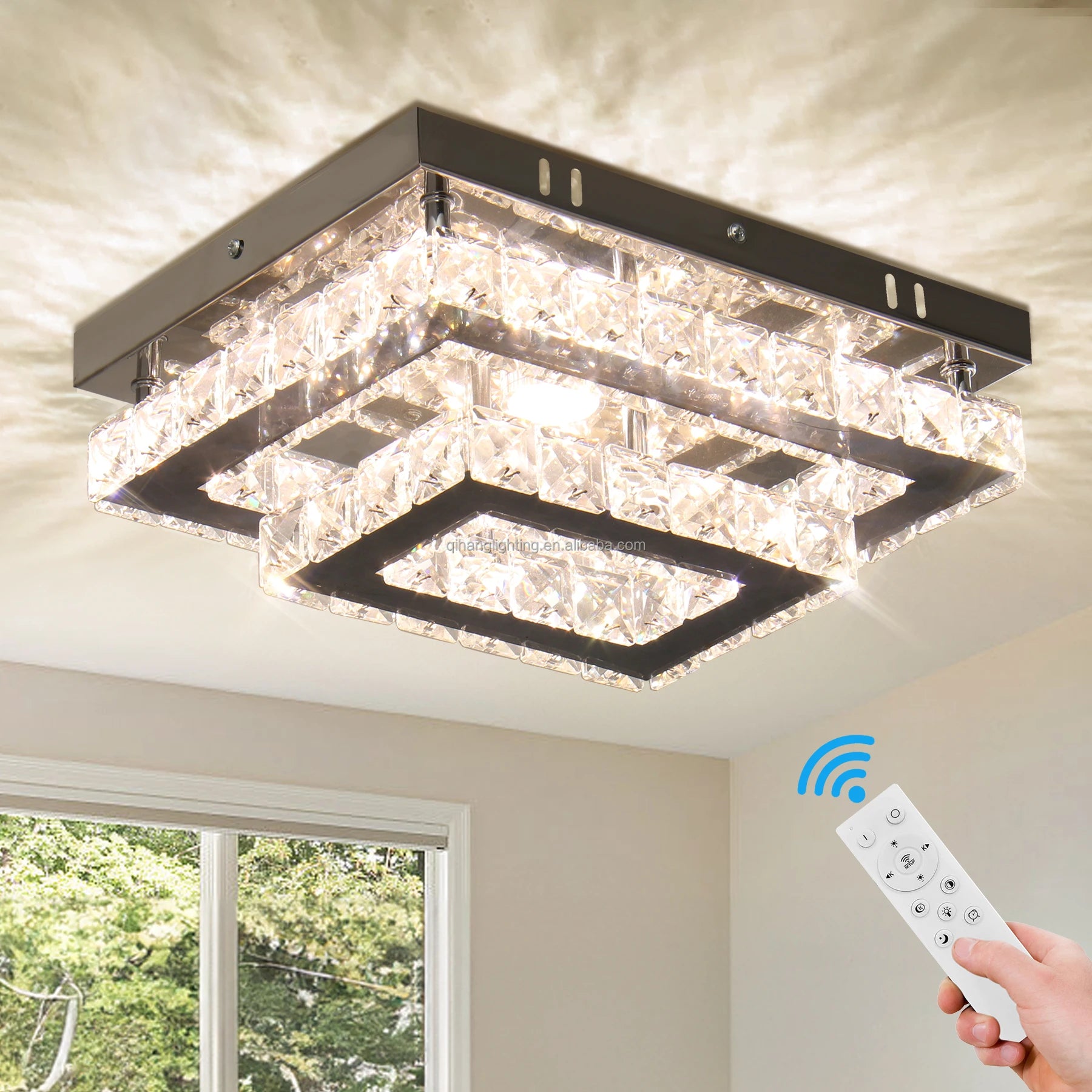 Rectangular 2-Layer LED Ceiling Light for Living Room Study Bedroom-Dimmable with Remote for Hotel Restaurant Square Lamp