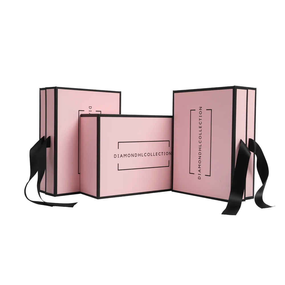 Luxury Custom Pink Color Foldable Recyclable Magnetic Bath Robe & Socks Gift Paper Packaging Box with Black Ribbon