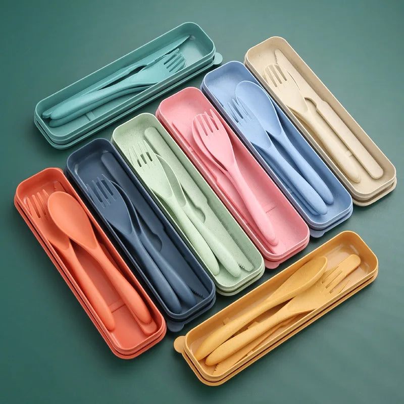 Practical Tableware Reusable Camping Utensil Set Ultralight Wheat Straw Camping Spoon Fork with Case Plastic Travel Utensils
