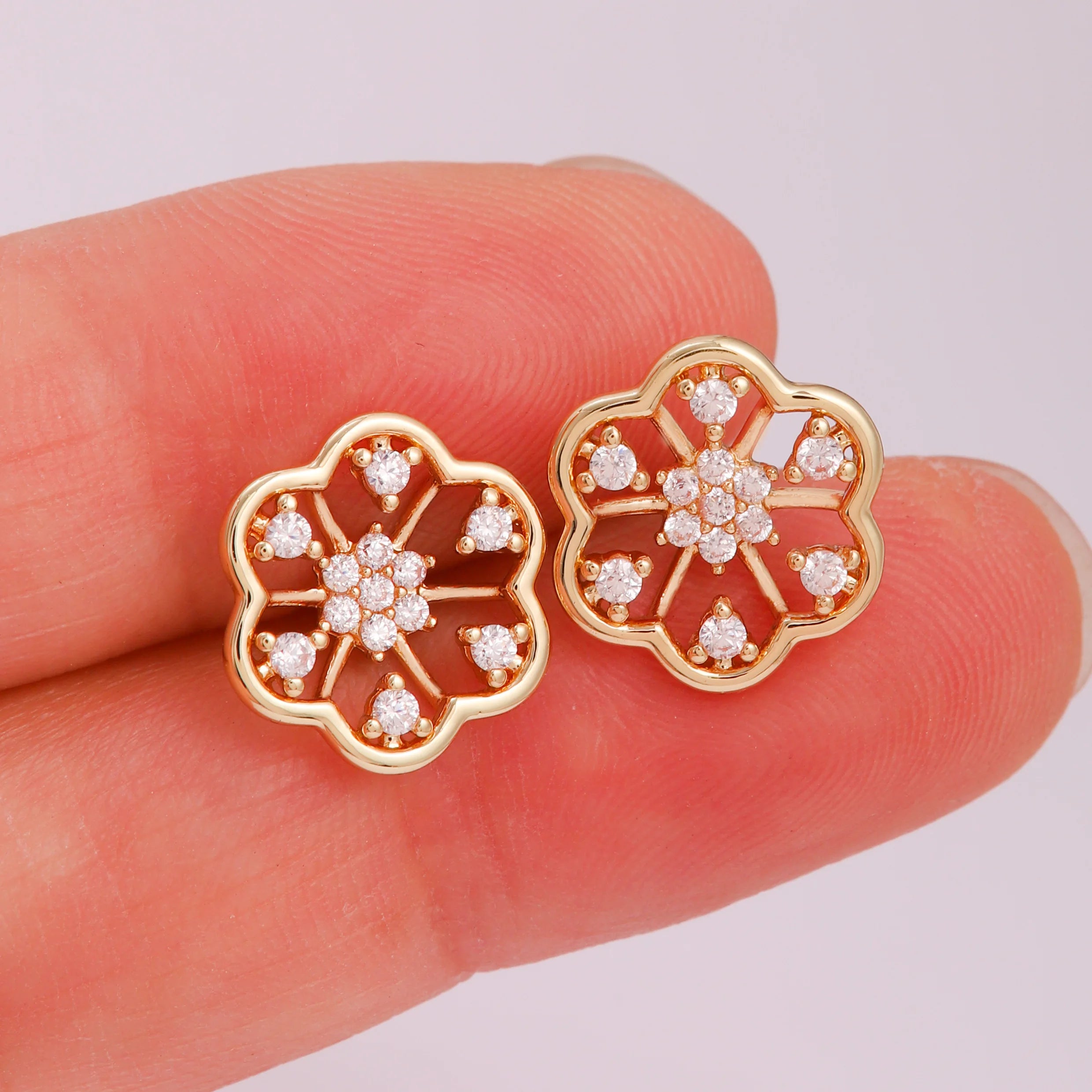 Trendy Vintage Brass Stud Earrings with Gold Plating Flower Zircon Fashion Jewelry for Religious and Anniversary Occasions