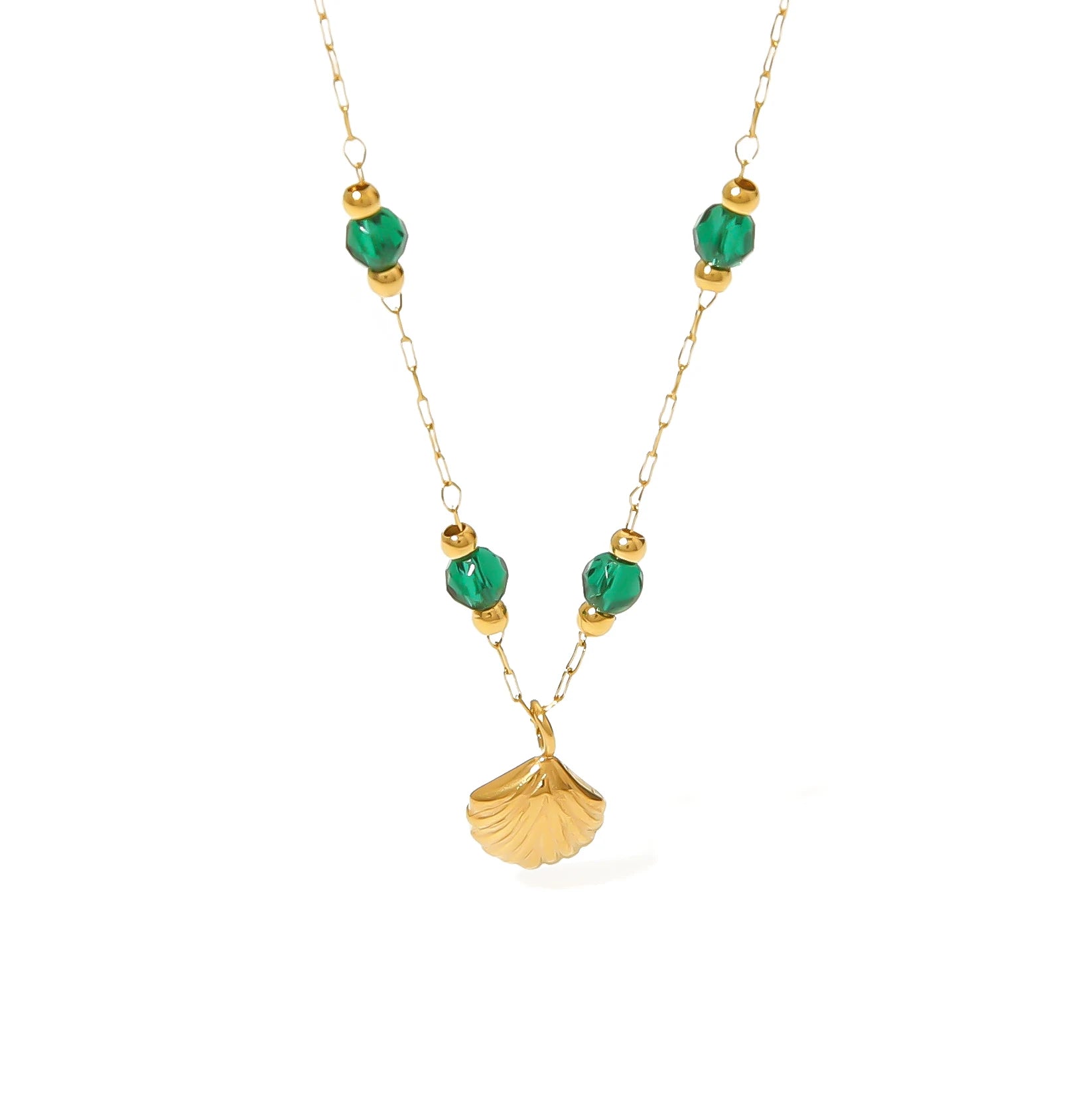 Luxury18K Gold Plated Green Glass Beads Chain Adjustable Stainless Steel Shell Scallop Pendant Necklaces for Women Tarnish Free
