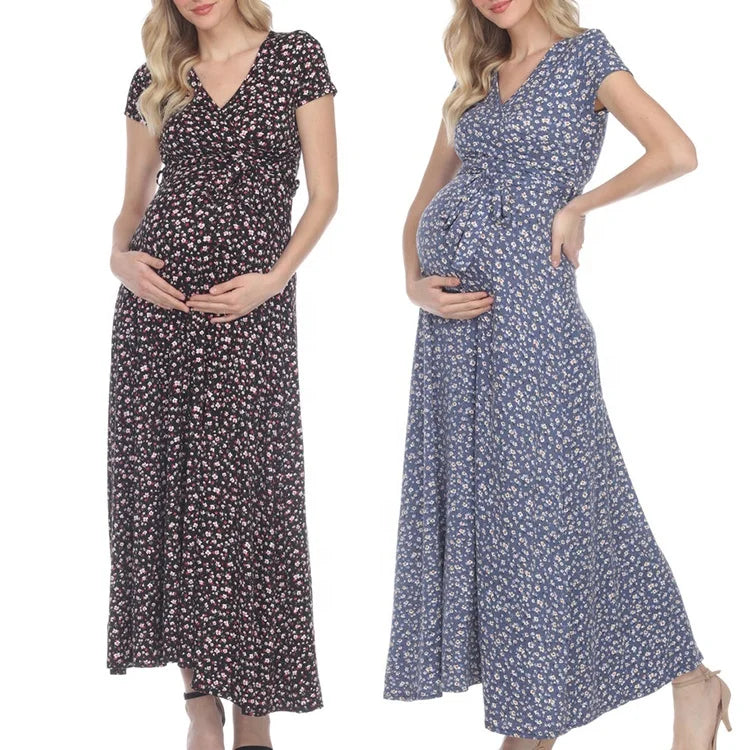 Latest Summer Maternity Wear Pregnancy Dress Floral Comfy Feeding V-Neck Nursing Maxi Wrap Dress