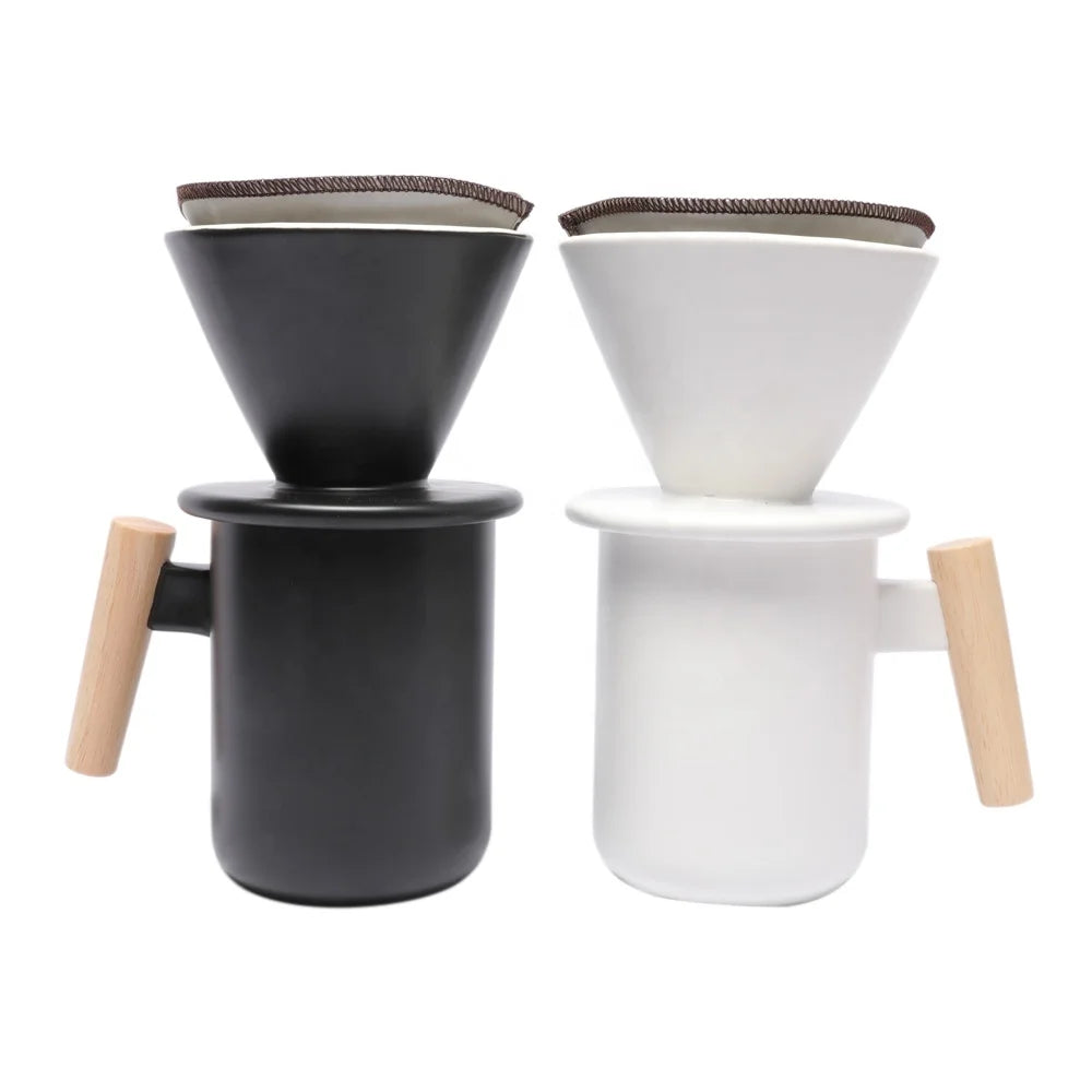 Beech Wood Handle Ceramic Stainless Steel Minimalist Black Coffee Drip Cup Sets Eco-Friendly Food Grade 400ml Capacity Tea Set