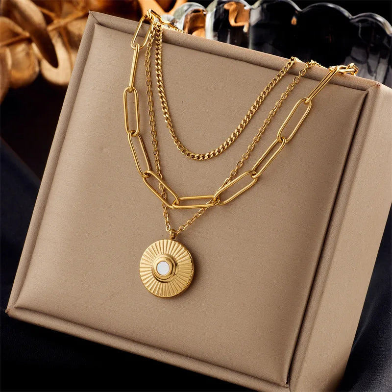 New Fashion 18k Gold Plated Tarnish Free 316l Stainless Steel Multi Layer Round Pendant Necklace for Women
