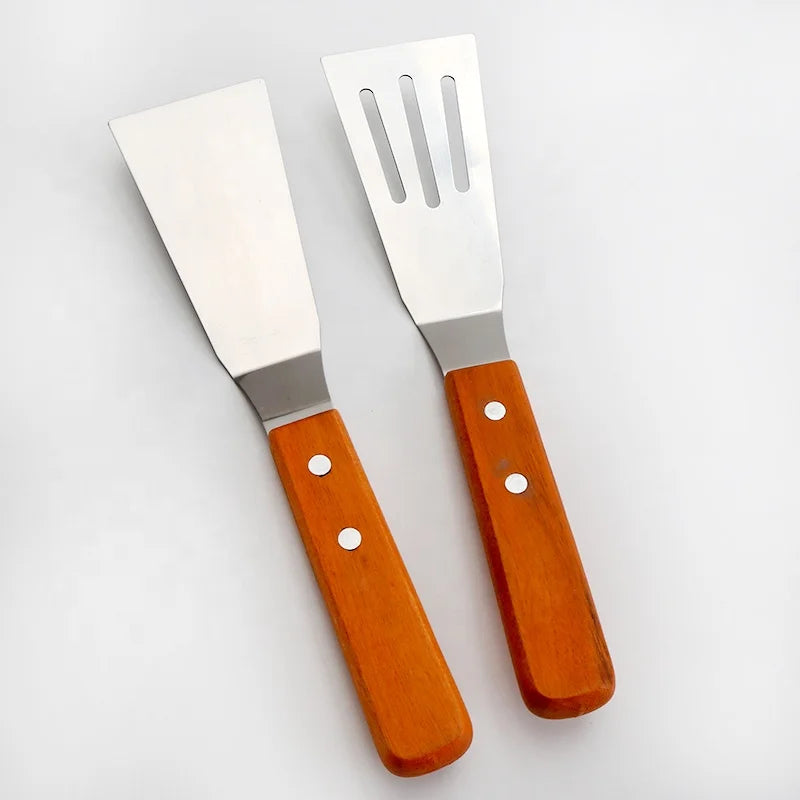 Stainless Steel BBQ Grill Scraper with Wood Handle for Kitchen Cooking Steak and Fried Foods Shovel