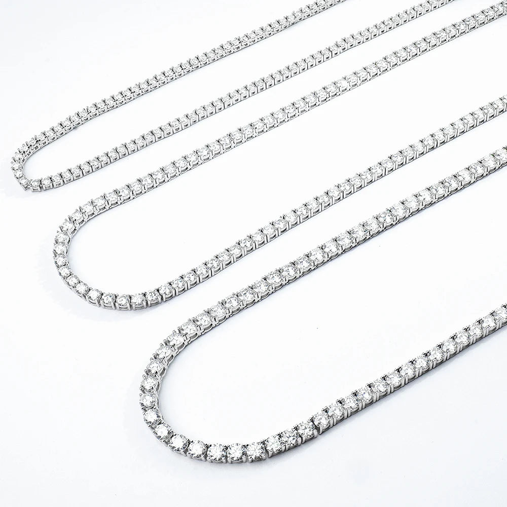 Factory Wholesale  2-5mm Fine Hiphop Jewelry White VVS 925 Sterling Silver Mossanite Moissanite Diamond Tennis Chain Necklace
