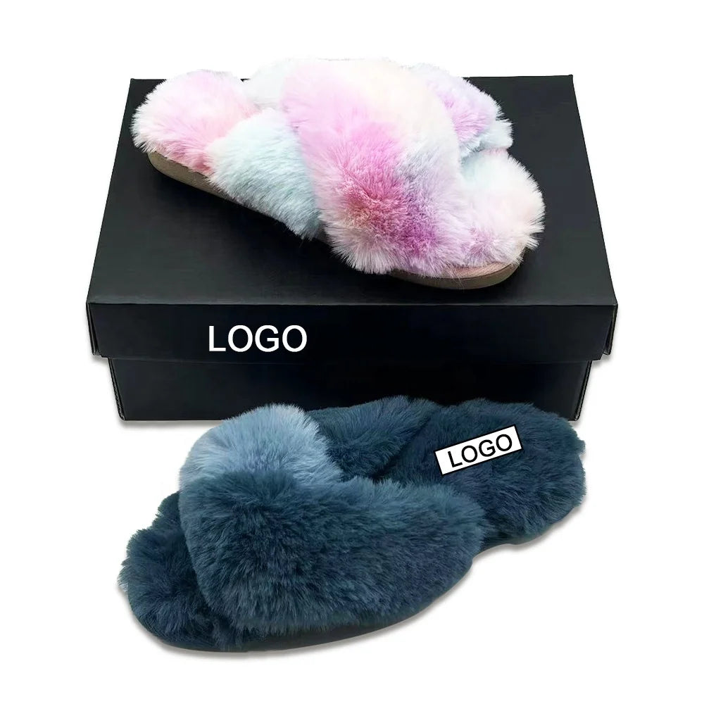 CUSTOM Fashion Indoor Comfy Cozy EVA Outsole Luxury Indoor Faux Fur Cotton Plush Home House Fluffy Slippers for Women