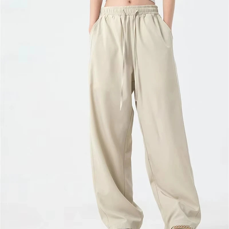 Women Flowy Drawstring Waist Wide Leg Beach Loose Fit Summer Women Trousers Pants with Pockets