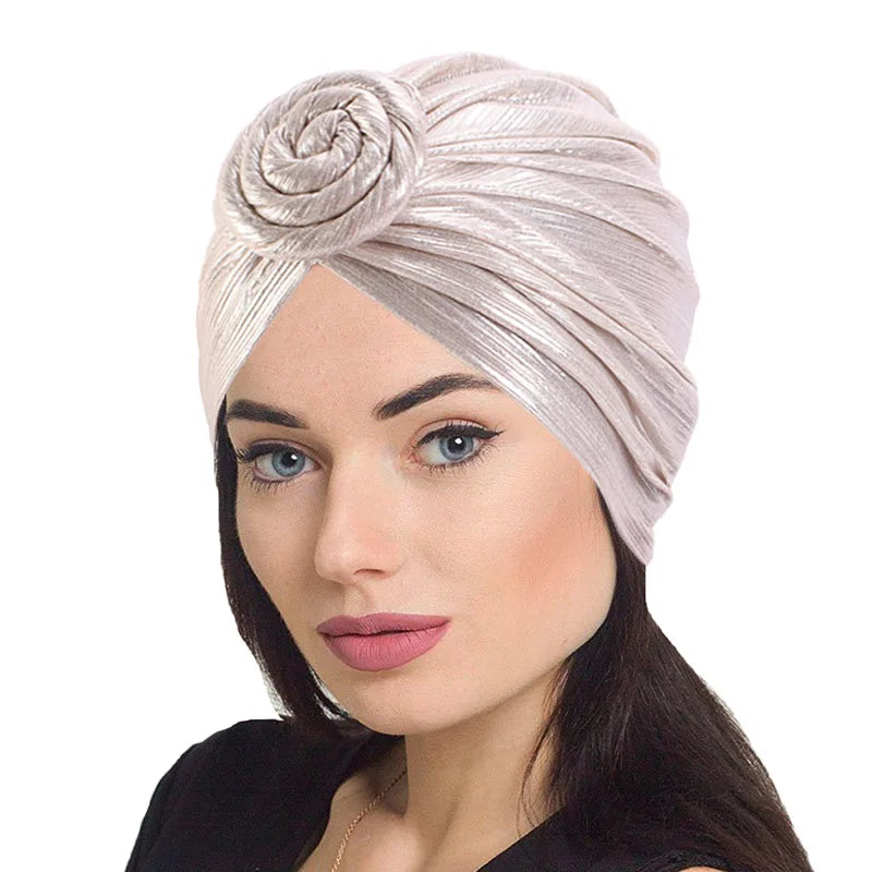 High Quality Women Flower Shiny Beanie Hat Muslim Chemo Cap Fashion Designs Turban Wrap Headwrap Turban Women