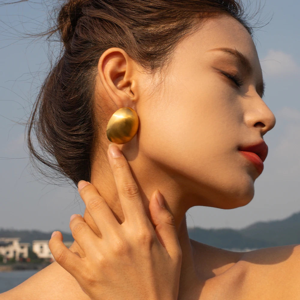 J&D Minimalist Stainless Steel Earrings 18K Gold Plated Wire Drawing Big Huge Oval Earrings for Women