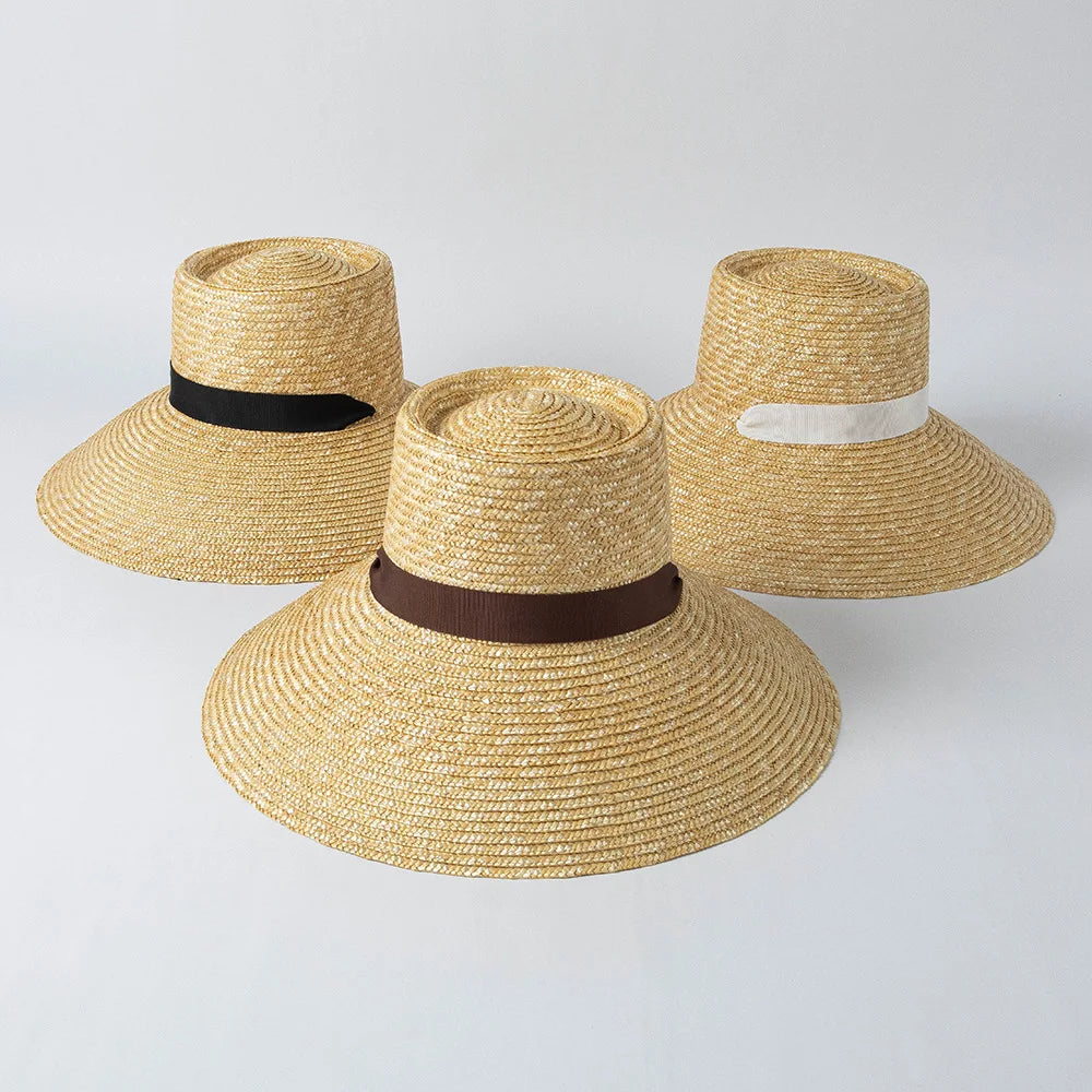 Europe United States Summer Fashion Women Retro Ring Top Wide Brim Bucket Straw Hat Strap Outdoor Uv protection Beach Sun Hat