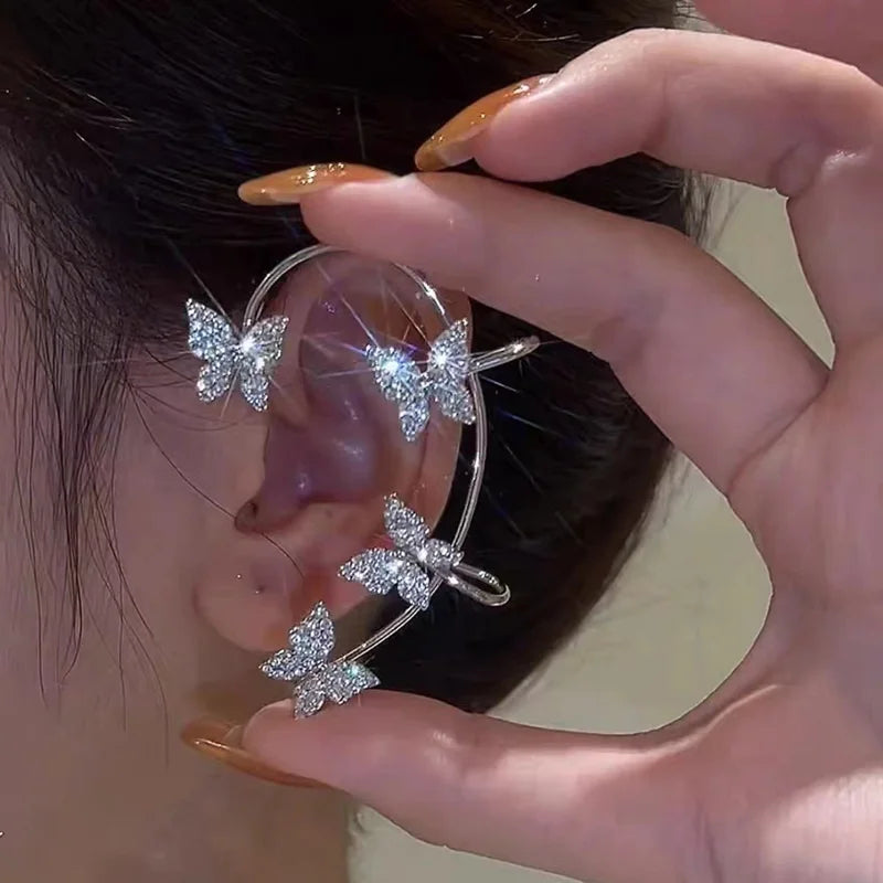 Gold Plated Ear Bone Clip No Piercing Women Sweet Exquisite Sparkling Zircon Butterfly Tassel Ear Cuff Clip Earring Jewelry