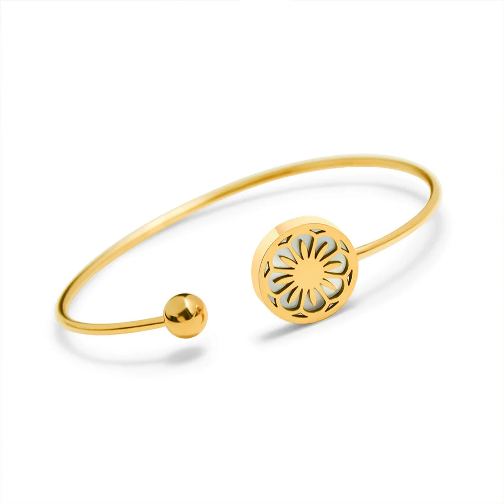 18K Gold Plated Women Jewelry Simple Chrysanthemum Flower Stretch Stainless Steel Bangle Bracelets