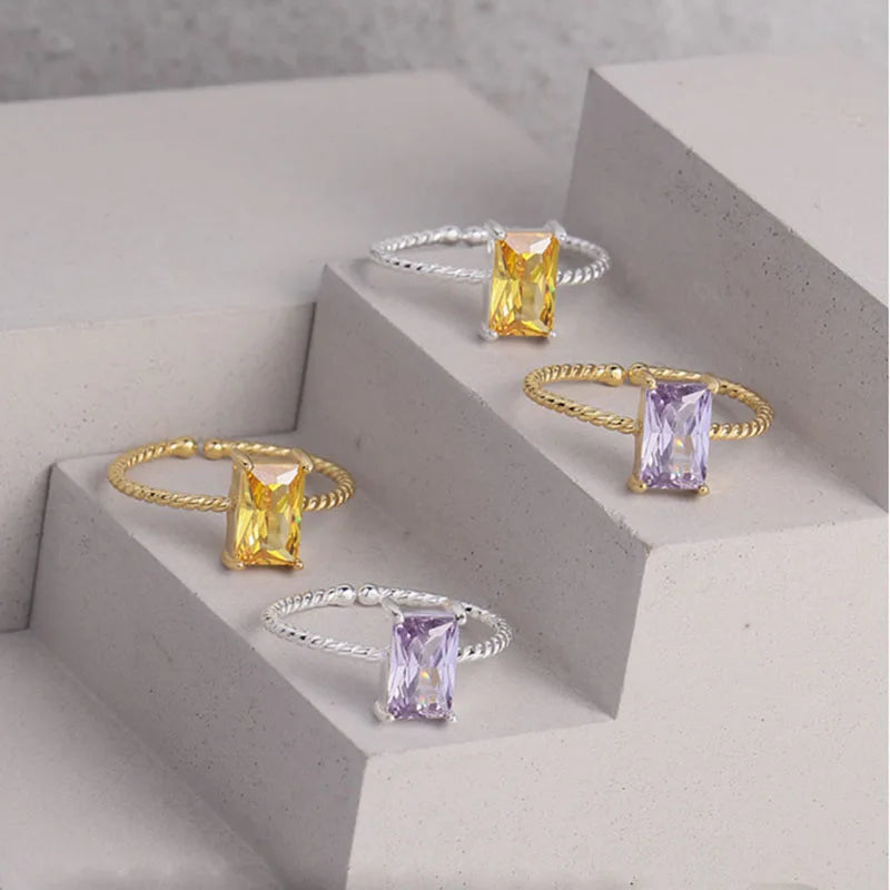 Dainty 925 Sterling Silver Claw Setting Purple Zircon Rectangle Adjustable Finger Ring for Women Wholesale