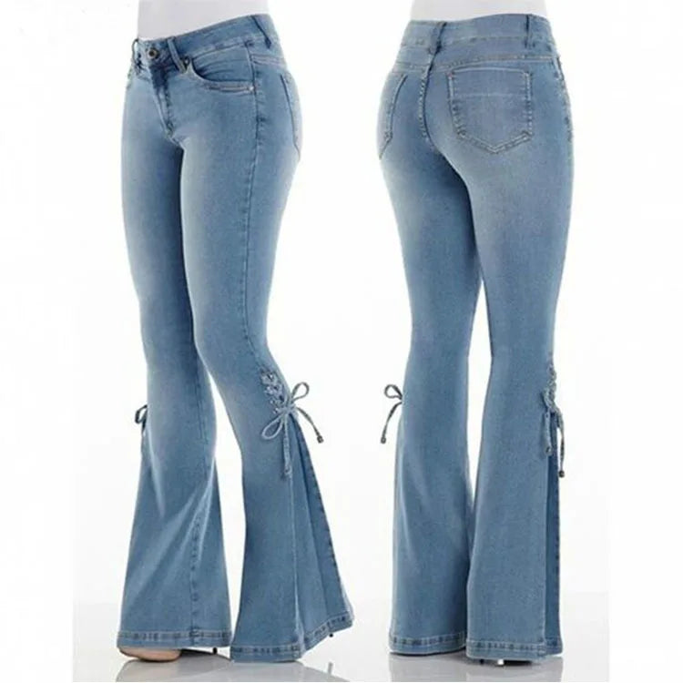 Plus Size Women's Fashion Flared Pants Women Summer Elastic Plus Loose Denim Lace-up Bow Casual Boot Cut Pant Jeans Xs-xxxxl