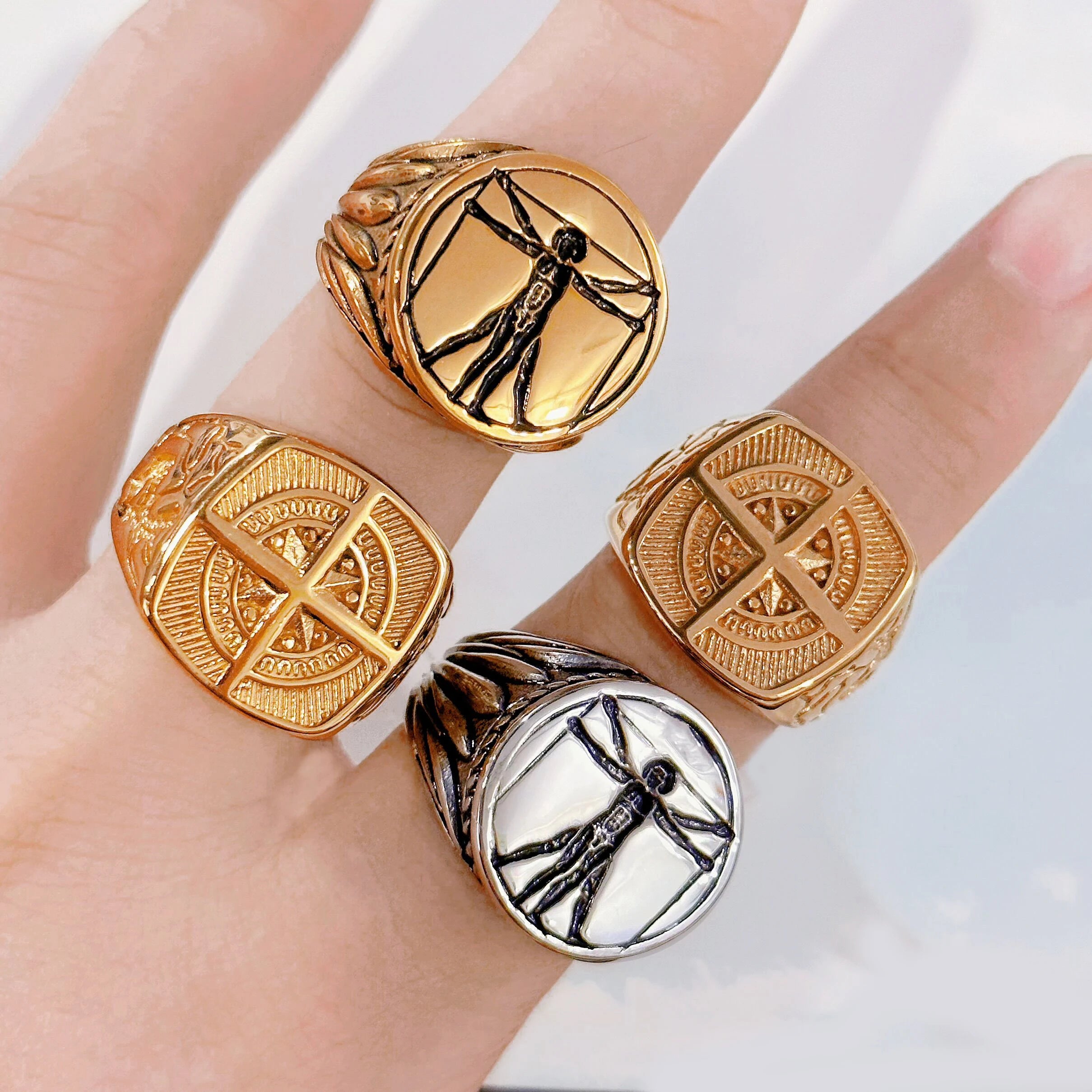 Retro Punk Gothic Rings for Men Stainless Steel 18k Gold Signet Ring Compass Cross Star Rings New Fashion Mens Jewelry