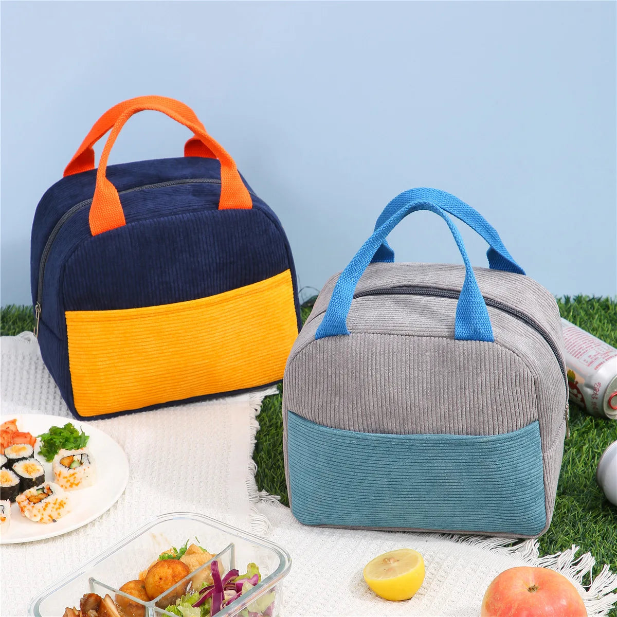 Portable Corduroy Insulation Lunch Bag with Zipper Closure New Waterproof Thickened Ice Bag Color-Matching