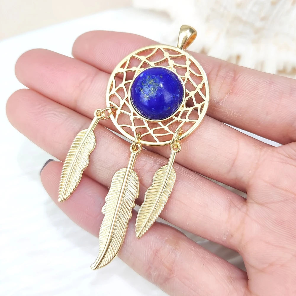 Wholesale Classic Natural Gemstone Amethyst Black Labradorite Gold Plated Dream Catcher Crystal Pendant Necklace