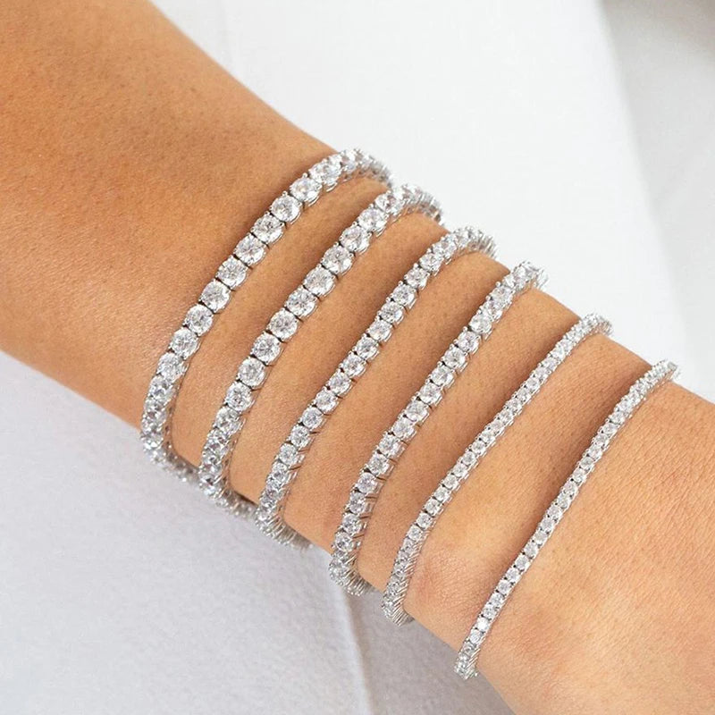 Unisex 2.5mm 3mm 4mm 5mm Brass Zircon Geometric Trendy Hip Hop Jewelry Silver Gold Iced Tennis Bracelet