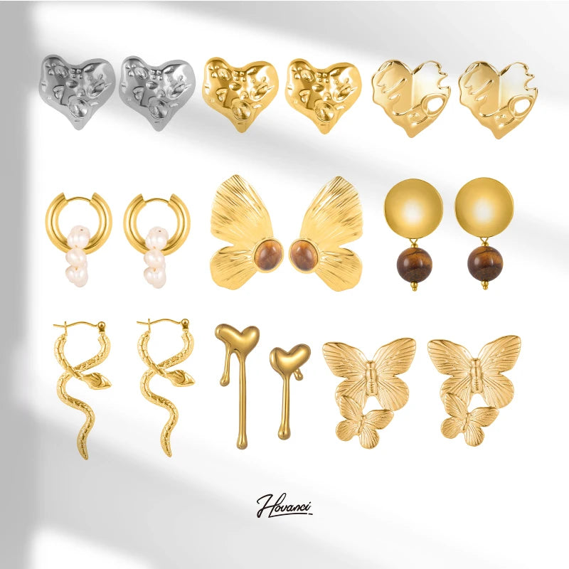 HOVANCI Fashion Style Irregular 18K Long Earrings Stainless Steel Gold Plated Butterfly Heart Drop Shape Earrings