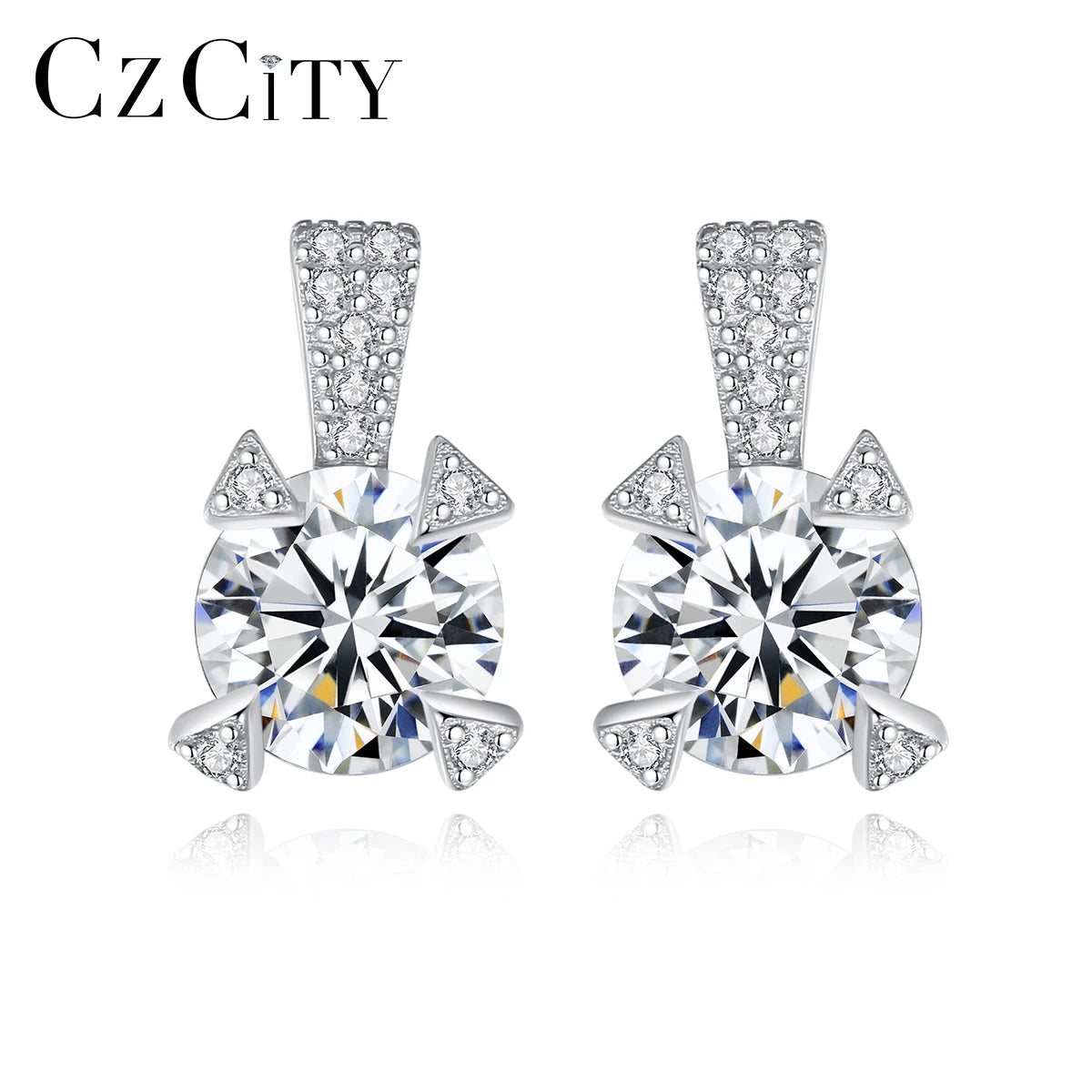 CZCITY AAA Cubic Zirconia 925 Sterling Silver Diamond Women Stud Earrings Clear CZ Stone Jewelry