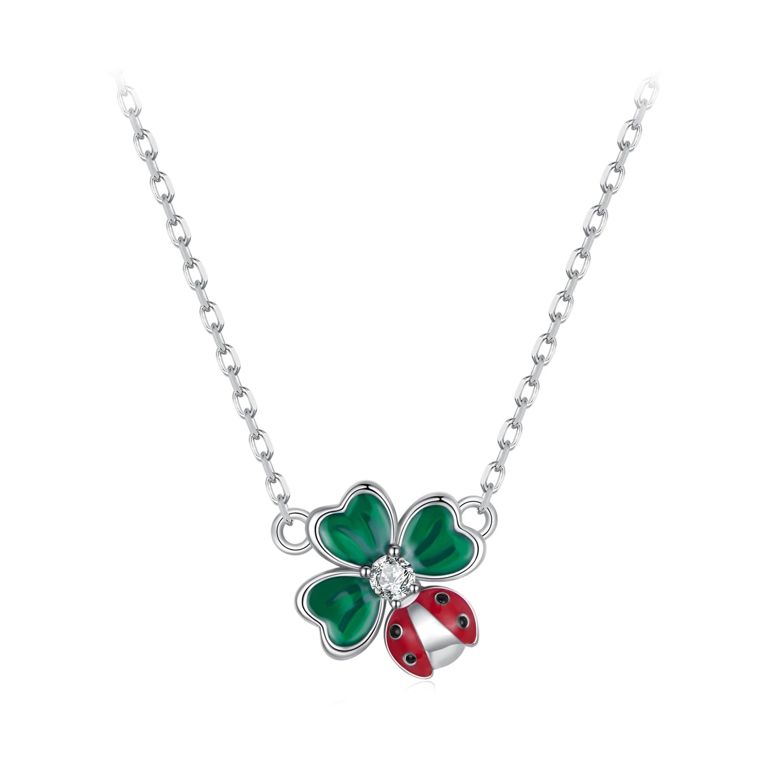 Spring Series 925 Sterling Silver Jewelry Lucky Four-leaf Clover Ladybug Link Chain Necklace for Women
