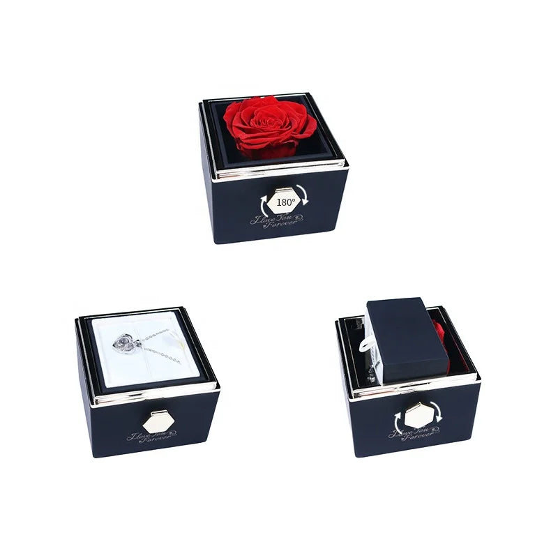 New Design Valentines Gift Eternal Roses Forever Flowers Acrylic Jewelry Box Flower Preserved Rose in a Rotating Jewelry Box