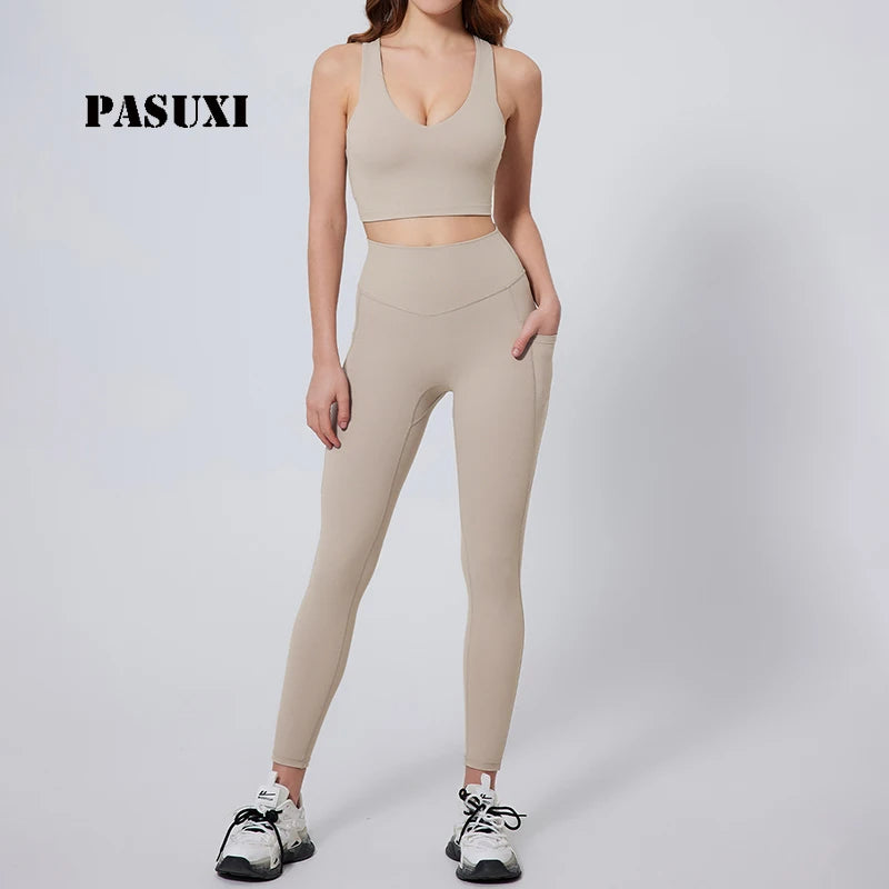 PASUXI Seamless Ribbed Yoga Set 2 Piece Plus Size High Waist Leggings Zipper Gym Top Women Workout Activewear