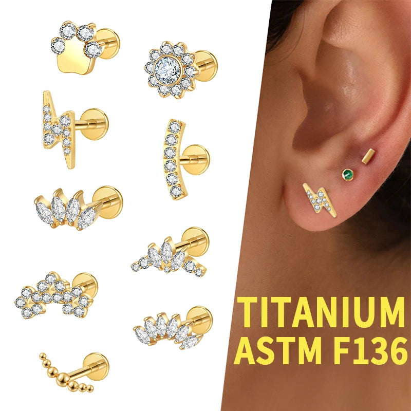 Astm F136 Titanium Piercing Pvd Gold Plated Labret Stud Clear Zircon Flower Flash Helix Conch Lip Piercing Jewelry