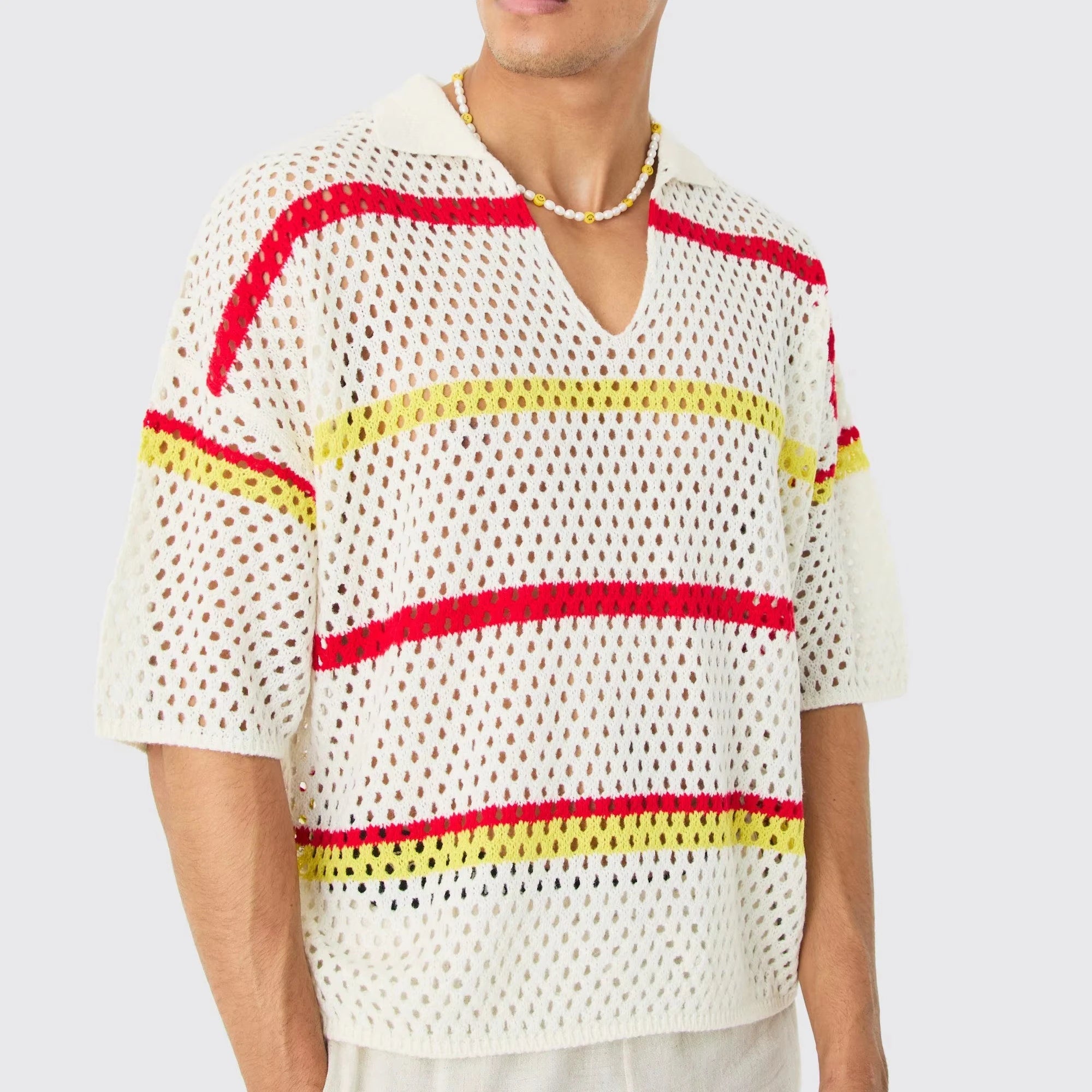 Custom Design Logo Summer Knitted T-shirt Mesh Hollow Out Short Sleeve Oversized Men Boxy Crochet Stripe Polo Shirt
