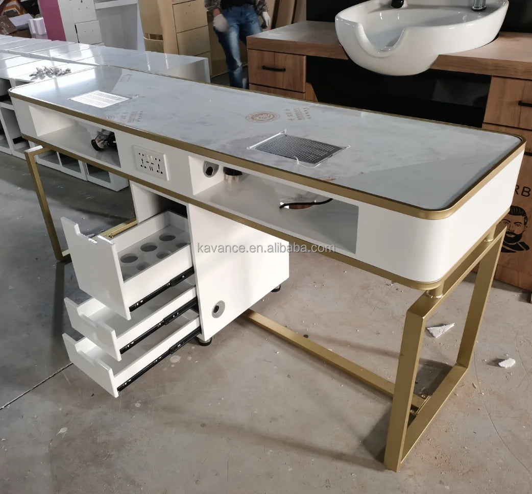 Luxury Gold Salon Manicure Table with Double Sets and Fan Modern Design High-Density Foam for Living Room and Nail Salons