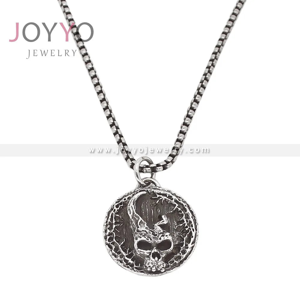Biker Vintage Skull Pendant Stainless Steel Punk Ancient Retro Goth Men's Necklace